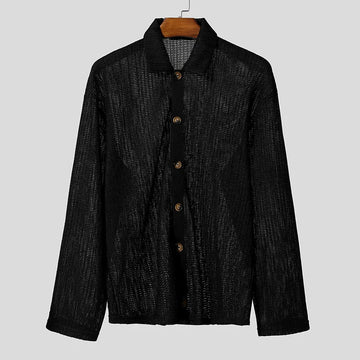 AIDASE  -  Men Shirt Hollow Out See Through Solid Color Lapel Long Sleeve Men Clothing Streetwear Loose 2025 Fashion Casual Tops aidase-shop